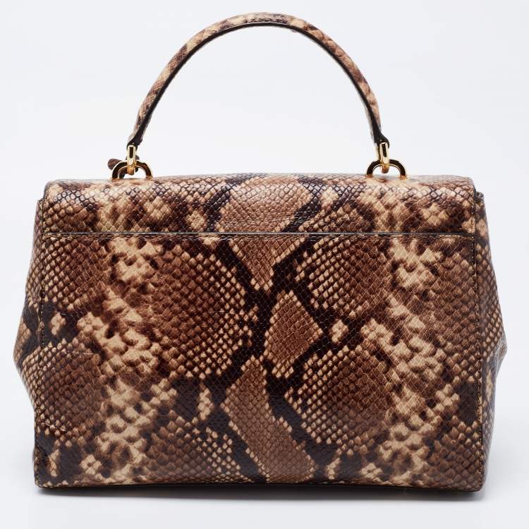 Pre Owned Michael Kors Beige/Brown Python Embossed  Leather Bleecker Top Handle Bag