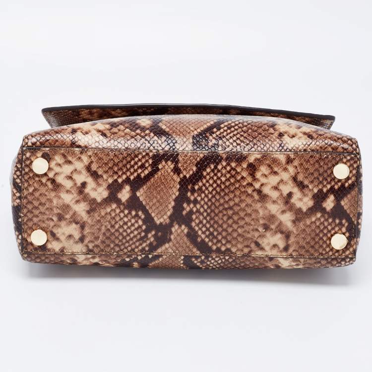 Pre Owned Michael Kors Beige/Brown Python Embossed  Leather Bleecker Top Handle Bag