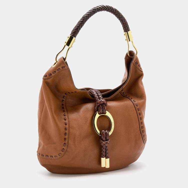 Pre Owned Michael Kors Brown Leather Braided Handle Hobo