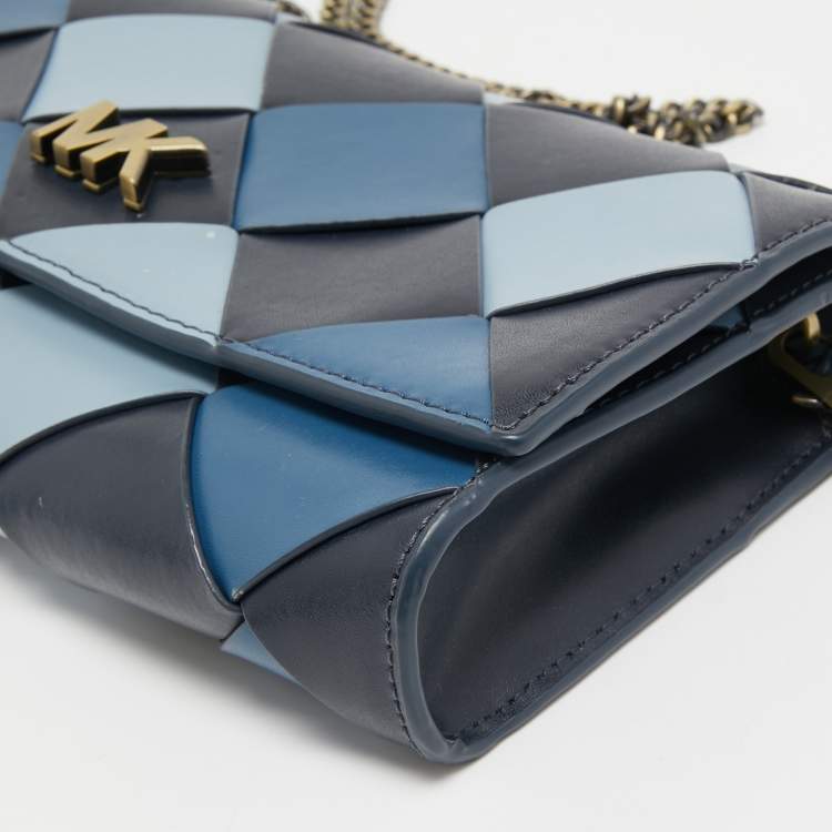 Pre Owned Michael Kors Blue Woven Leather Large Mott Clutch Bag