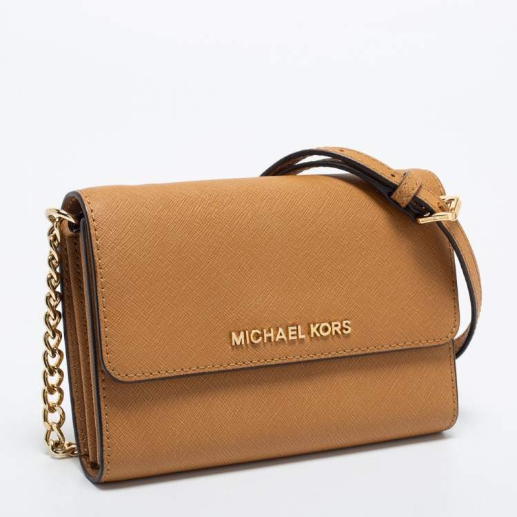 Pre Owned Michael Kors Tan Saffiano Leather Jet Set Phone Crossbody Bag