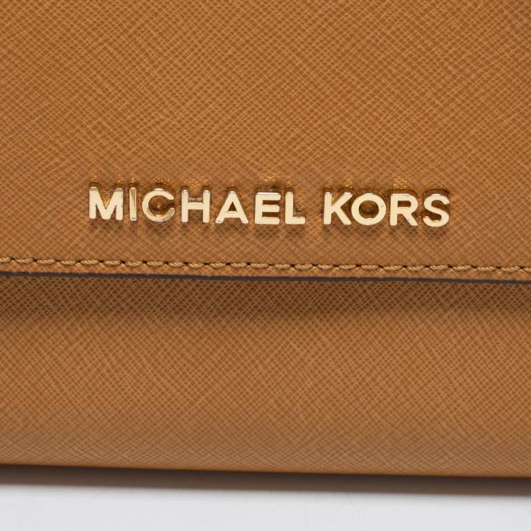 Pre Owned Michael Kors Tan Saffiano Leather Jet Set Phone Crossbody Bag