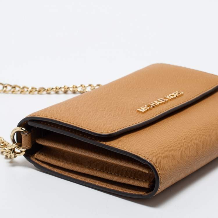 Pre Owned Michael Kors Tan Saffiano Leather Jet Set Phone Crossbody Bag