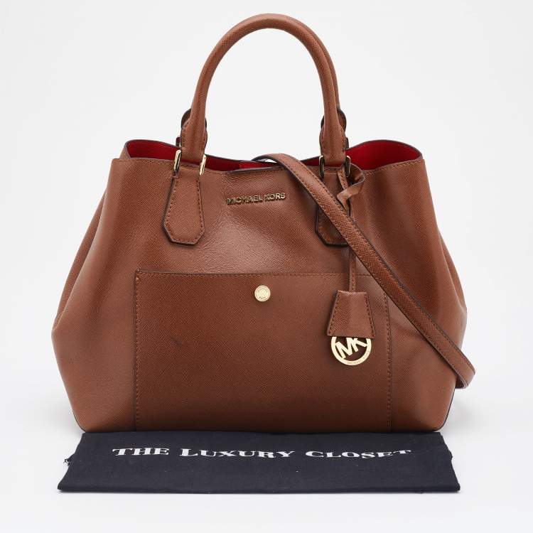 Pre Owned Michael Kors Brown Leather Jet Set Snap Pocket Tote