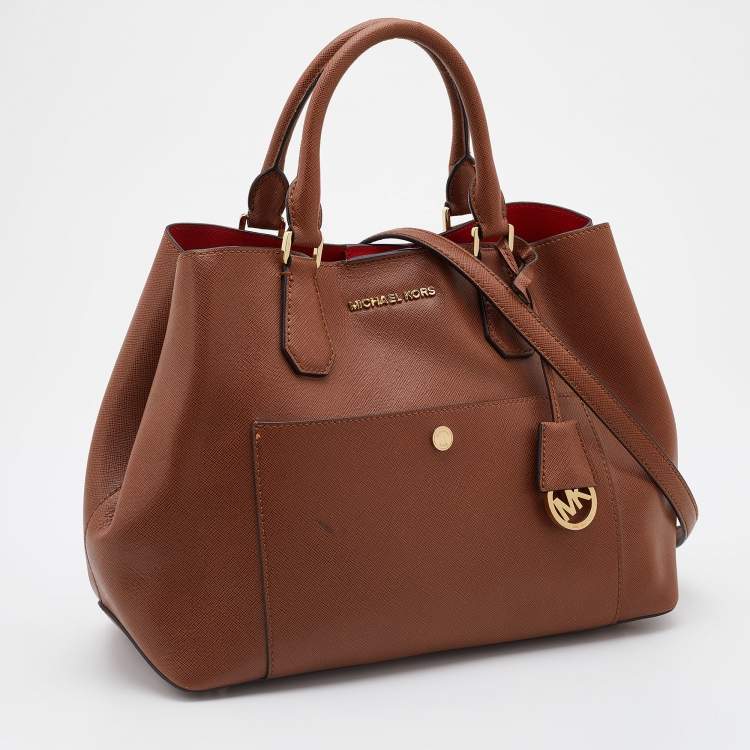Pre Owned Michael Kors Brown Leather Jet Set Snap Pocket Tote