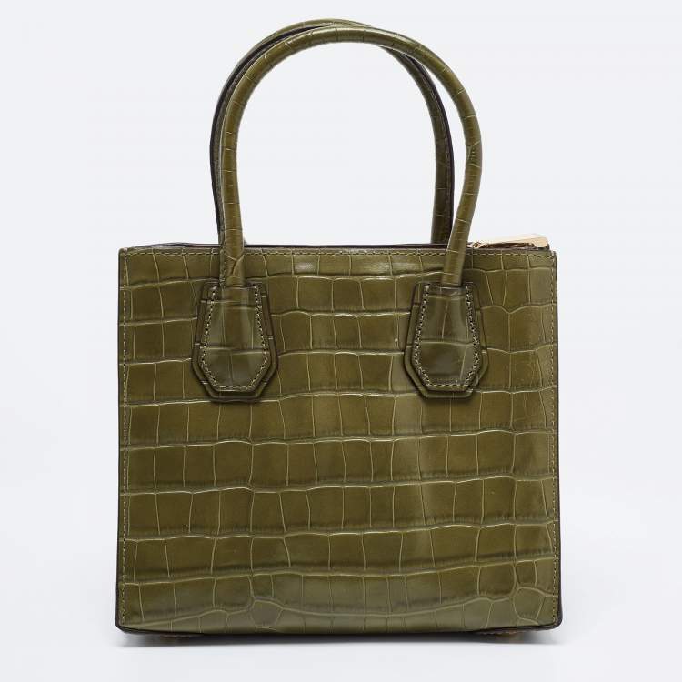 Pre Owned Michael Kors Green Croc Embossed Leather Mini Mercer Tote