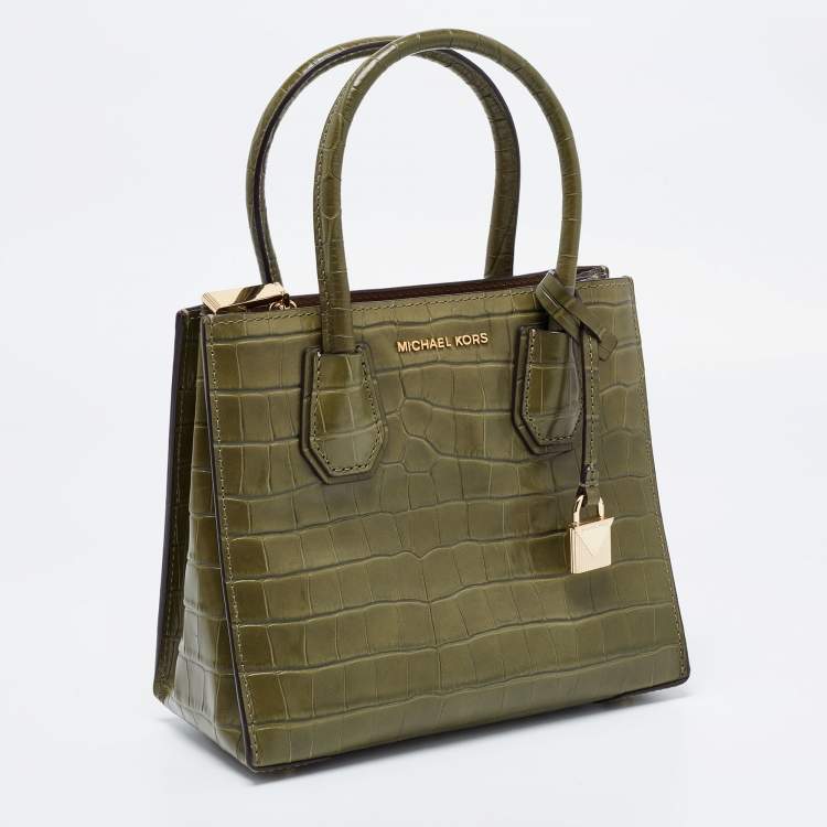 Pre Owned Michael Kors Green Croc Embossed Leather Mini Mercer Tote