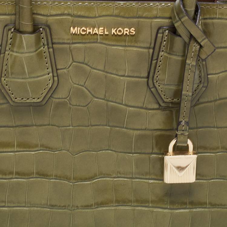 Pre Owned Michael Kors Green Croc Embossed Leather Mini Mercer Tote