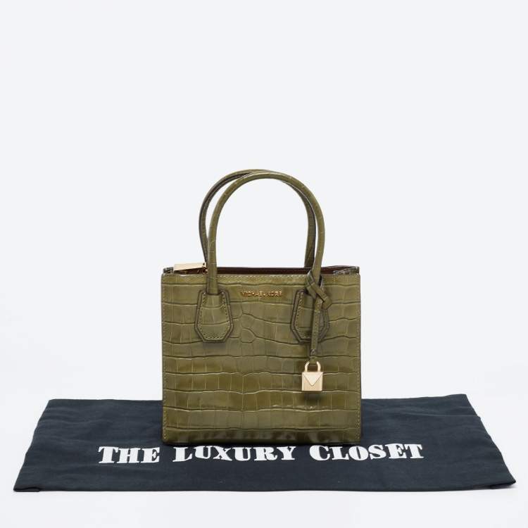 Pre Owned Michael Kors Green Croc Embossed Leather Mini Mercer Tote