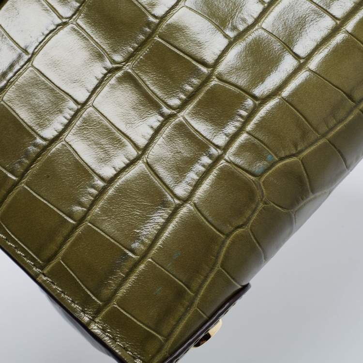 Pre Owned Michael Kors Green Croc Embossed Leather Mini Mercer Tote