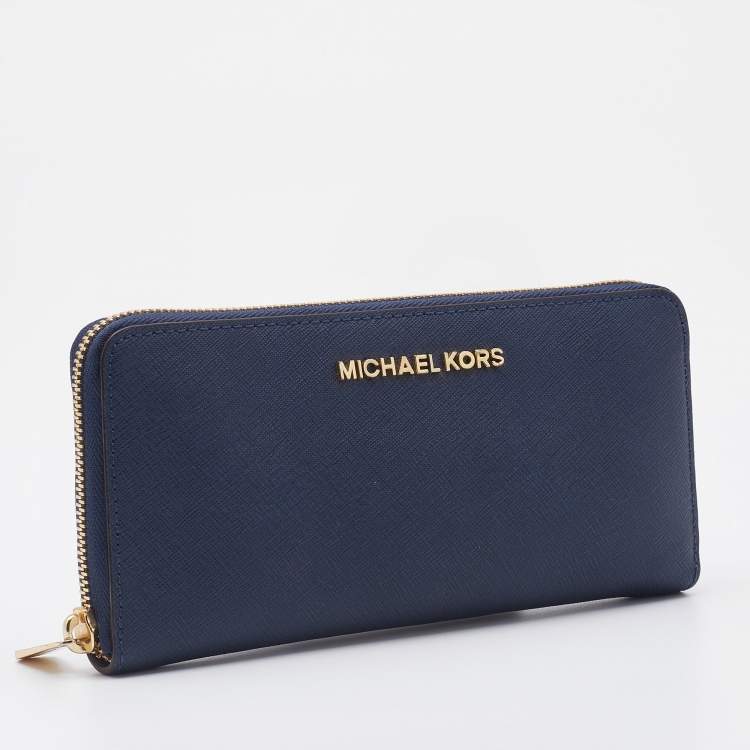 مملوكة مسبقًا Michael Kors Navy Blue Saffiano Leather Zip Around Wallet
