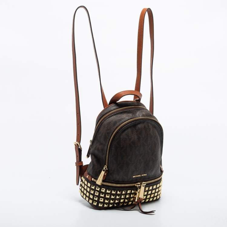 Pre Owned Michael Kors Dark Brown Signature Coated Canvas and Leather Rhea Backpack