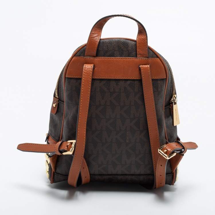 Pre Owned Michael Kors Dark Brown Signature Coated Canvas and Leather Rhea Backpack