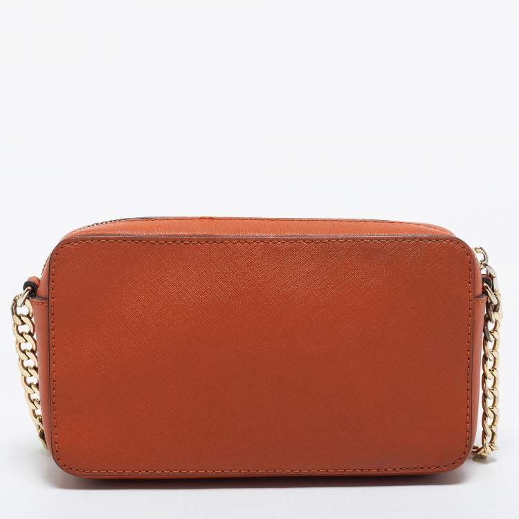 Pre Owned Micheal Kors Rust Brown Leather Zip Jet Set Crossbody Bag