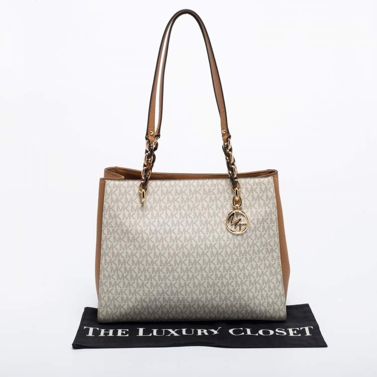 Pre Owned Michael Kors White Monogram Coated Canvas and Leather Large Sofia Tote