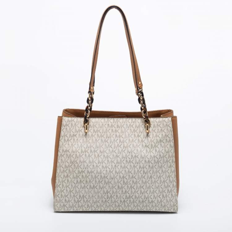 Pre Owned Michael Kors White Monogram Coated Canvas and Leather Large Sofia Tote