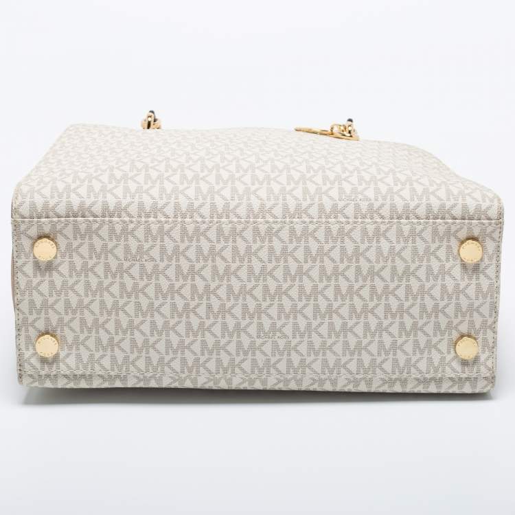 Pre Owned Michael Kors White Monogram Coated Canvas and Leather Large Sofia Tote