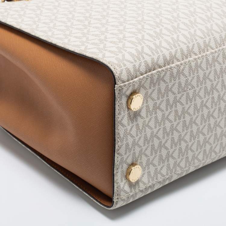 Pre Owned Michael Kors White Monogram Coated Canvas and Leather Large Sofia Tote