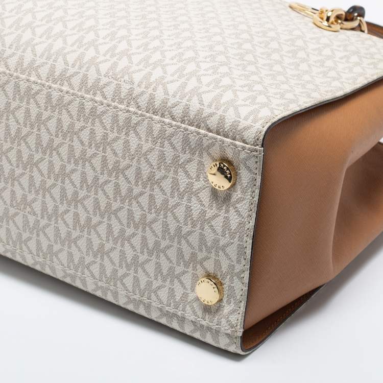 Pre Owned Michael Kors White Monogram Coated Canvas and Leather Large Sofia Tote