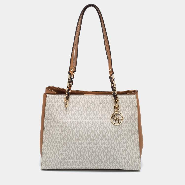 Michael Kors White/Brown Signature Coated Canvas and Leather Large Front Zip Chain Tote