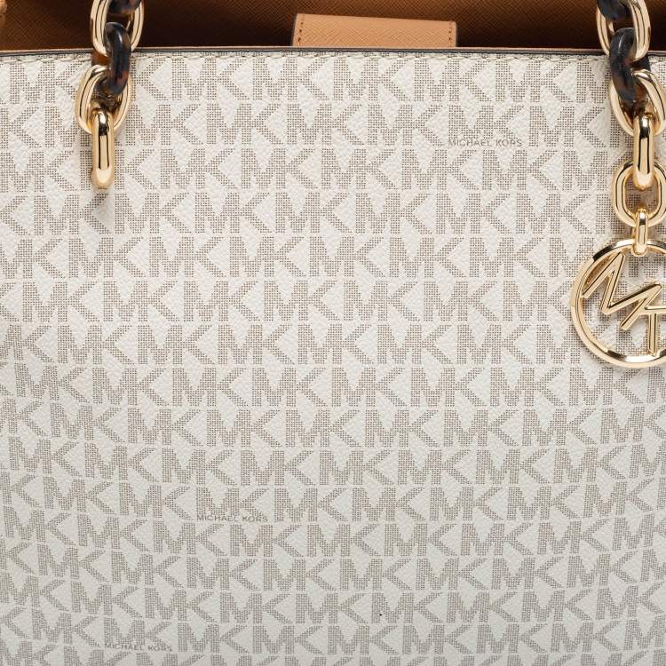 Pre Owned Michael Kors White Monogram Coated Canvas and Leather Large Sofia Tote