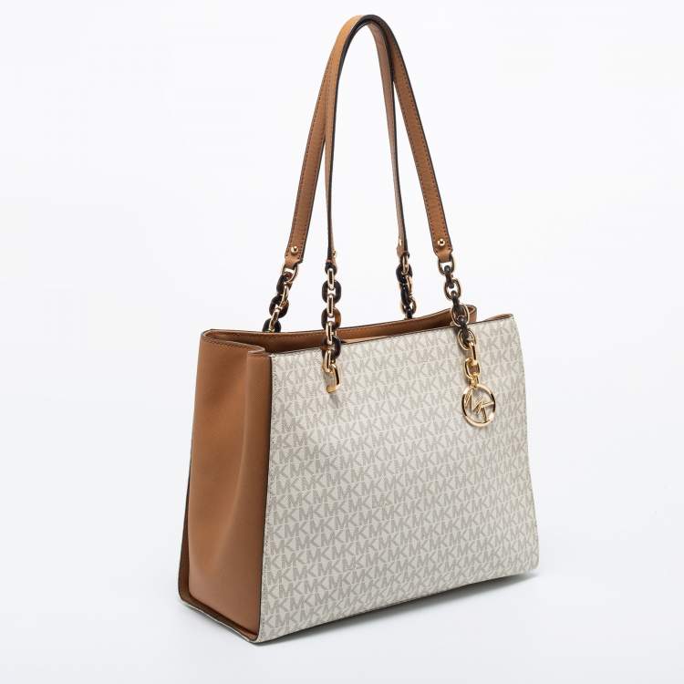 Pre Owned Michael Kors White Monogram Coated Canvas and Leather Large Sofia Tote