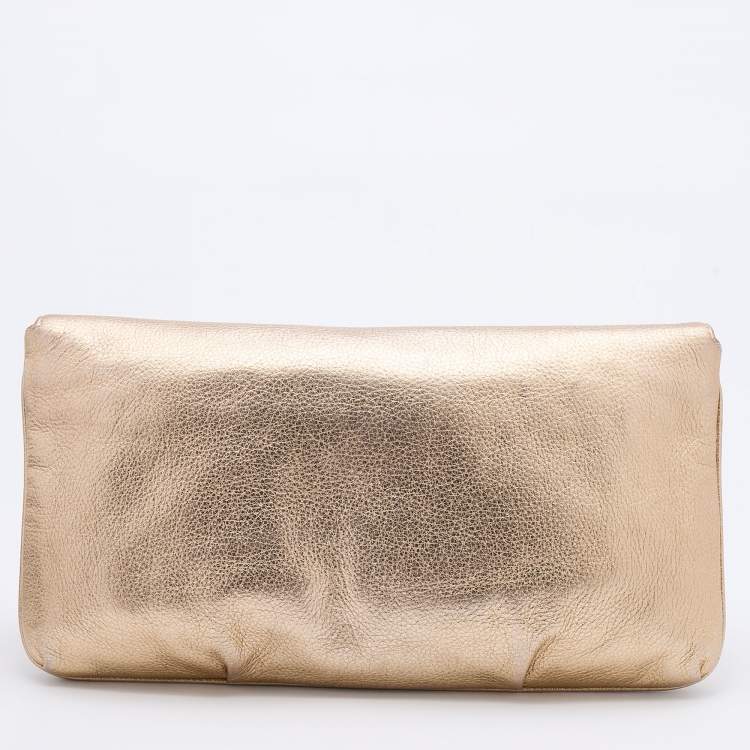 Pre Owned Michael Kors Gold Leather Skorpios Foldover Clutch