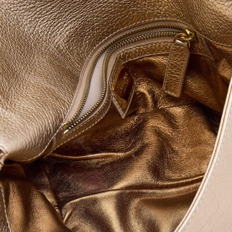 Pre Owned Michael Kors Gold Leather Skorpios Foldover Clutch