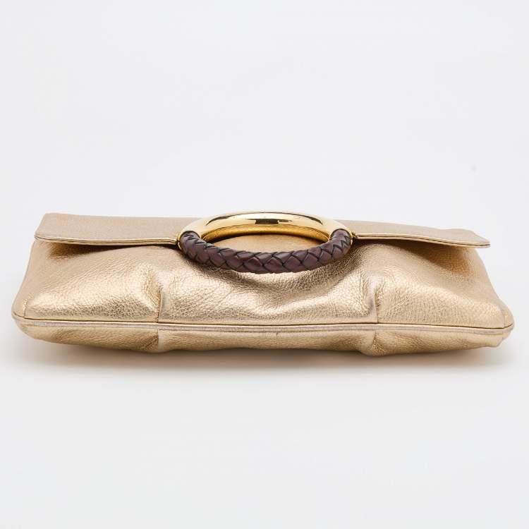 Pre Owned Michael Kors Gold Leather Skorpios Foldover Clutch