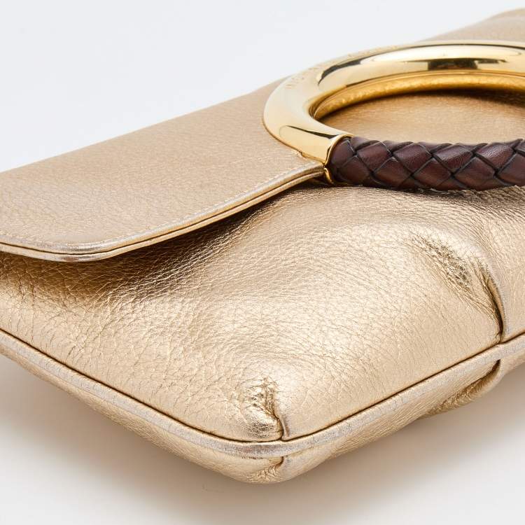 Pre Owned Michael Kors Gold Leather Skorpios Foldover Clutch