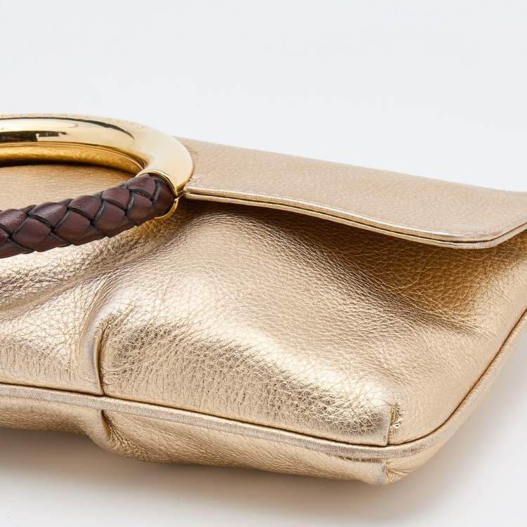 Pre Owned Michael Kors Gold Leather Skorpios Foldover Clutch