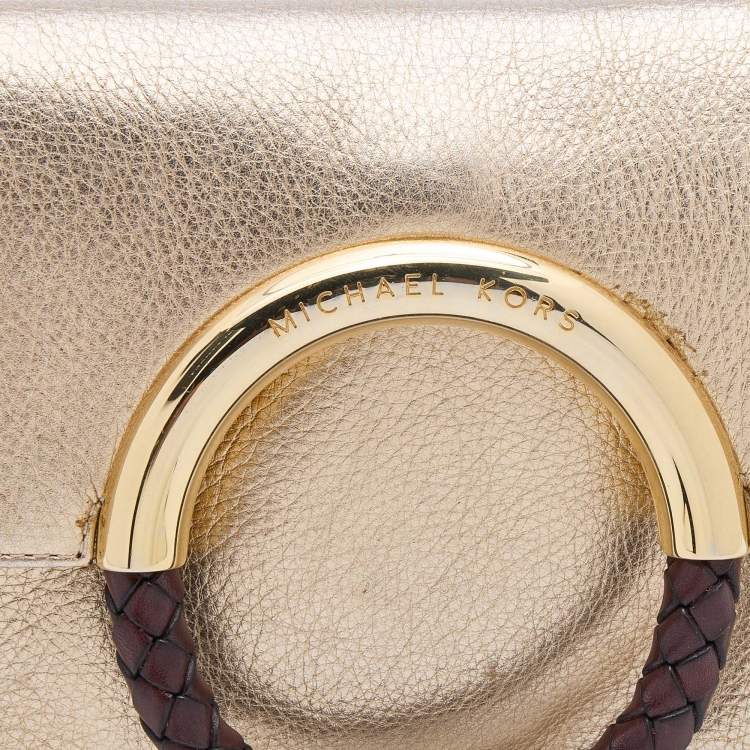 Pre Owned Michael Kors Gold Leather Skorpios Foldover Clutch