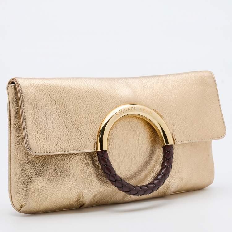 Pre Owned Michael Kors Gold Leather Skorpios Foldover Clutch