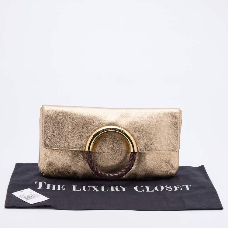 Pre Owned Michael Kors Gold Leather Skorpios Foldover Clutch