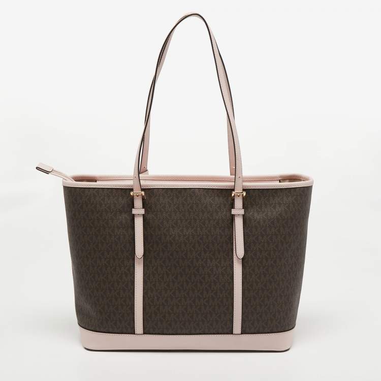 Pre Owned Michael Kors Light Pink Monogram Coated Canvas Large Jet Set Tote