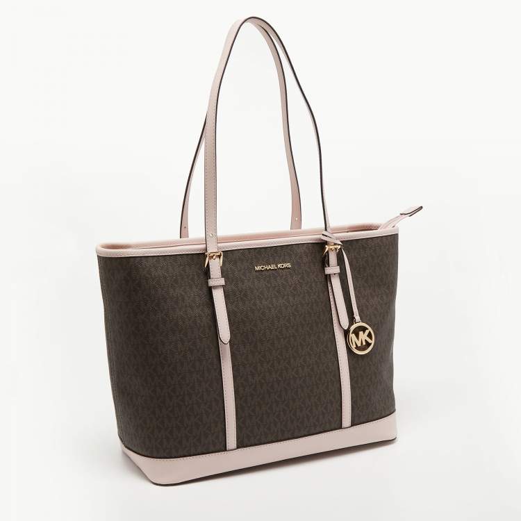 Pre Owned Michael Kors Light Pink Monogram Coated Canvas Large Jet Set Tote