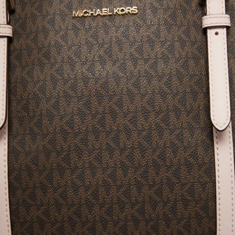 Pre Owned Michael Kors Light Pink Monogram Coated Canvas Large Jet Set Tote