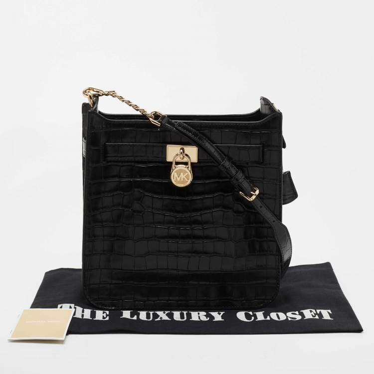 Pre Owned Michael Kors Black Croc Embossed Leather Hamilton Messenger Bag