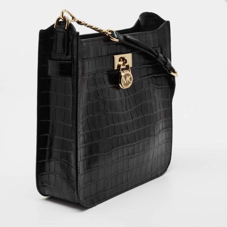 Pre Owned Michael Kors Black Croc Embossed Leather Hamilton Messenger Bag