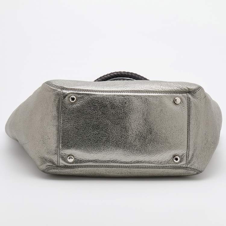 Pre Owned Michael Kors Metallic Silver/Black Leather Skorpio Tote