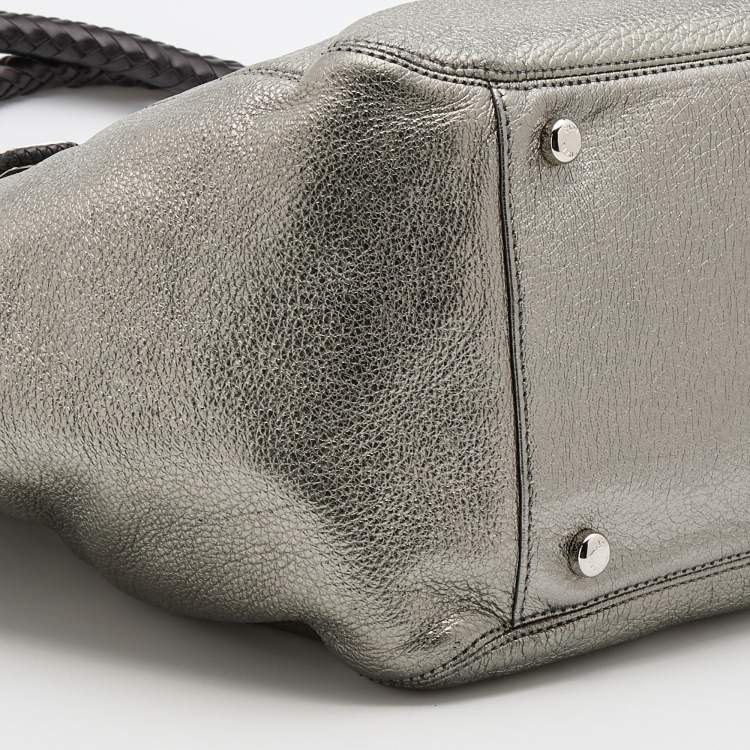 Pre Owned Michael Kors Metallic Silver/Black Leather Skorpio Tote