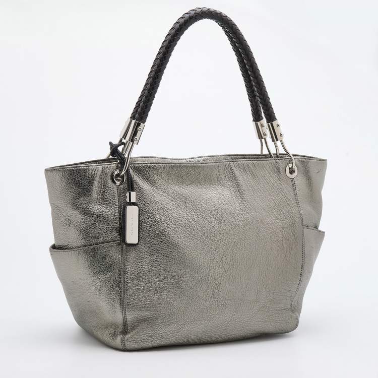 Pre Owned Michael Kors Metallic Silver/Black Leather Skorpio Tote