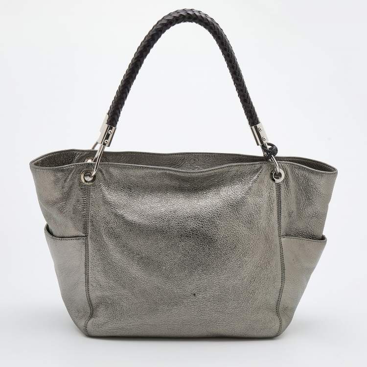 Pre Owned Michael Kors Metallic Silver/Black Leather Skorpio Tote