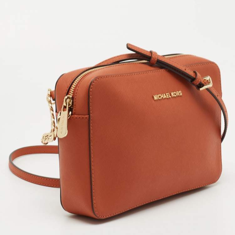 Pre Owned Michael Kors Orange Saffiano Leather Jet Set Camera Crossbody Bag