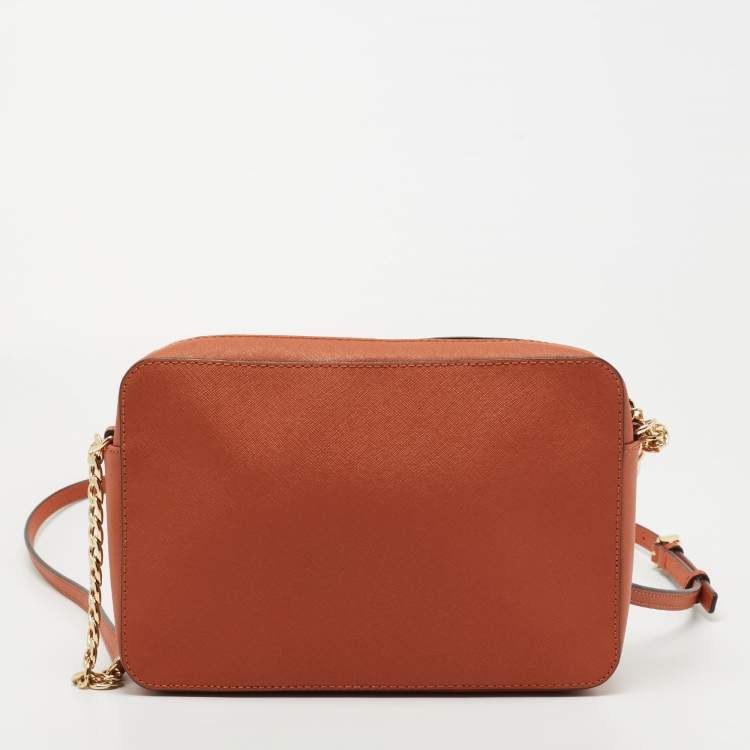 Pre Owned Michael Kors Orange Saffiano Leather Jet Set Camera Crossbody Bag