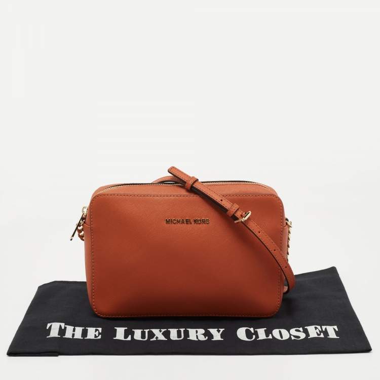 Pre Owned Michael Kors Orange Saffiano Leather Jet Set Camera Crossbody Bag