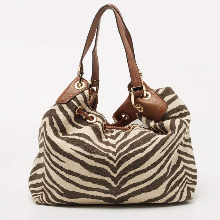 Pre Owned Michael Kors Brown/Beige Zebra Print Canvas and Leather Marina Shoulder Bag