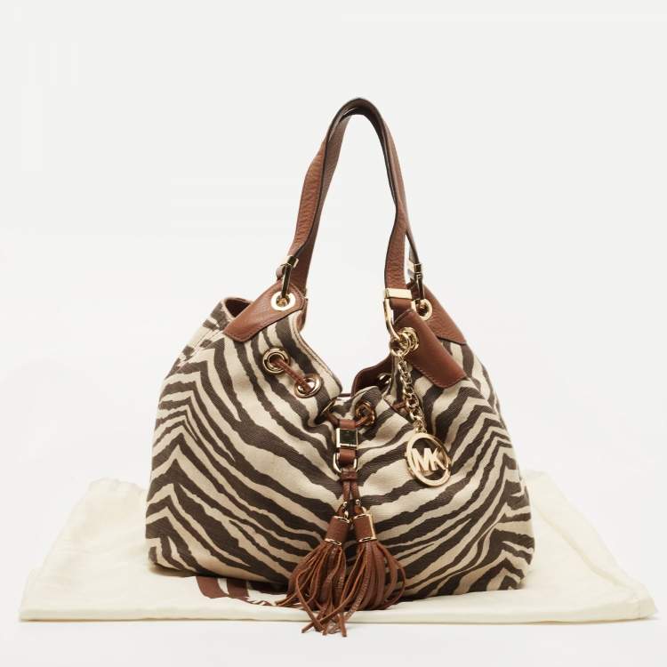 Pre Owned Michael Kors Brown/Beige Zebra Print Canvas and Leather Marina Shoulder Bag