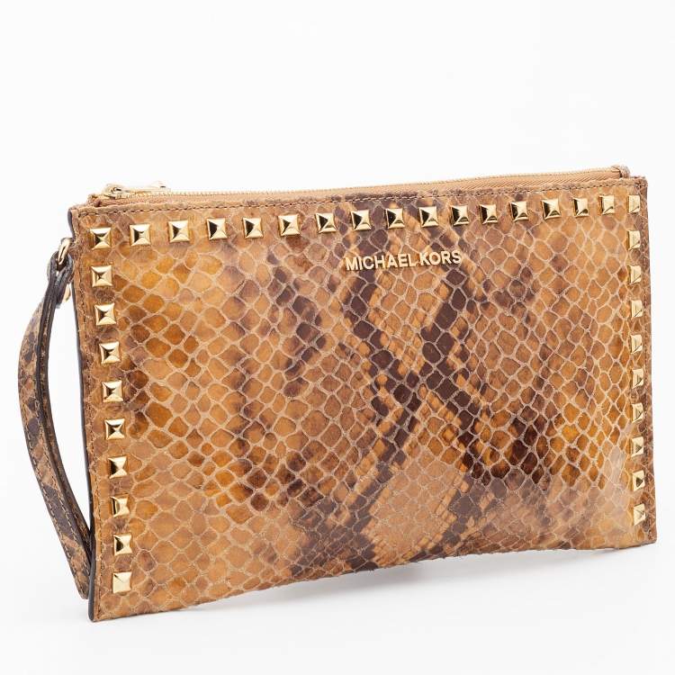 Pre Owned Michael Kors Brown Snakeskin Embossed Leather Studded Sandrine Clutch