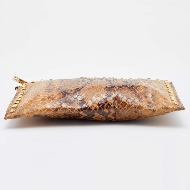 Pre Owned Michael Kors Brown Snakeskin Embossed Leather Studded Sandrine Clutch